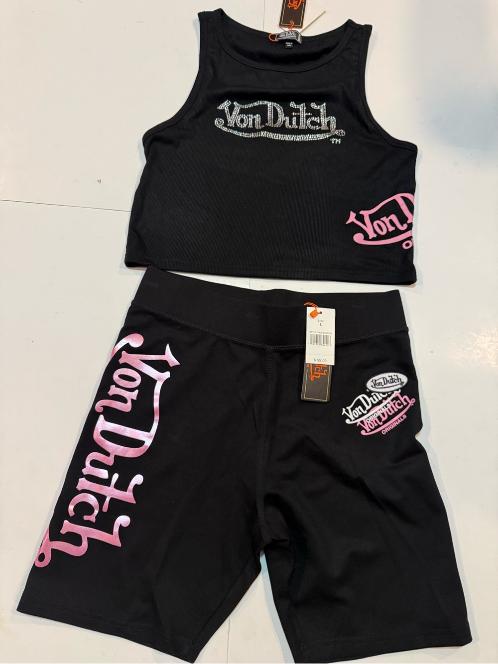 Von Dutch Black Crop Tank and Bike Shorts with Pink Logo Accents